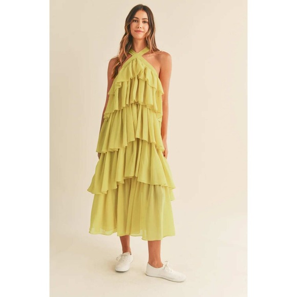 Talulah Ruffled Tiered Maxi Dress Lime Green Spring Party‎ Medium - Picture 1 of 13